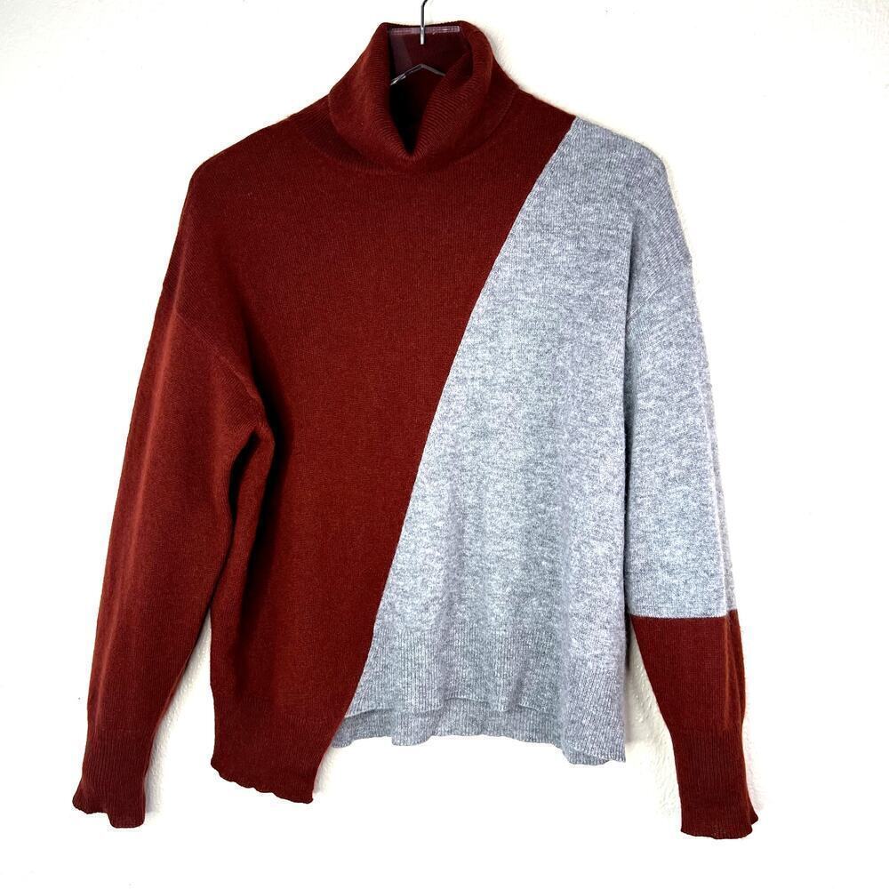 Skull Cashmere Color Block 100% Cashmere Sweater Turtleneck Rust Orange Gray